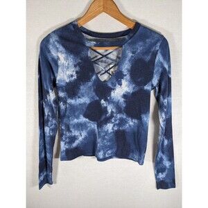 NWT Hollister Long Sleeve Cropped Top Blue/White Tie Dye Faux Lace Up Size Med
